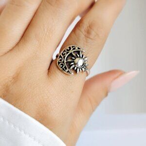 Sterling Silver Ring Sun Moon Ring, Women Bohemian Ring, Large Moon and Sun Ring